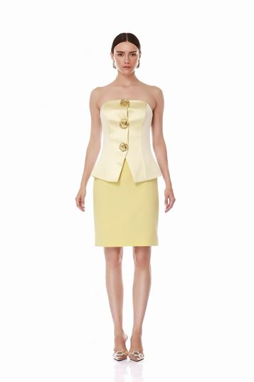 Buttergelbes Mini Abendkleid aus Satin mit Rosenapplikationen